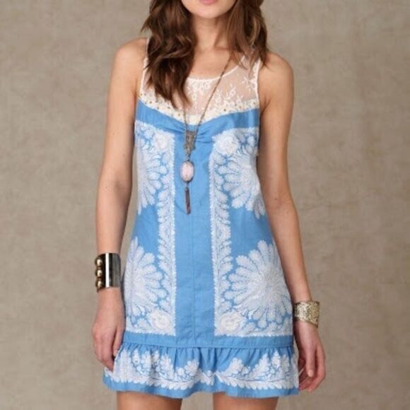 Vintage Free People Blue & White Lace Trim Linen Mini Shift Dress Y2K - Picture 3 of 8